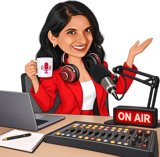 Illustration of RJ Swati on air at her desk, with headphones, a microphone, a mixing desk and a lit ON AIR sign
