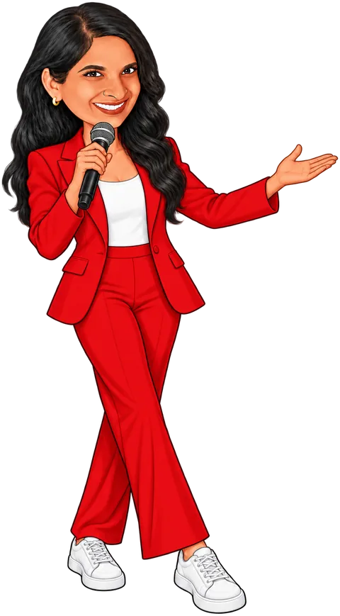 Illustration of RJ Swati in her red suit, holding a microphone and presenting to the audience
