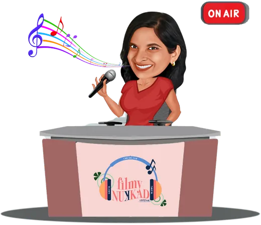 Illustration of RJ Swati singing at the Filmy Nukkad on air desk