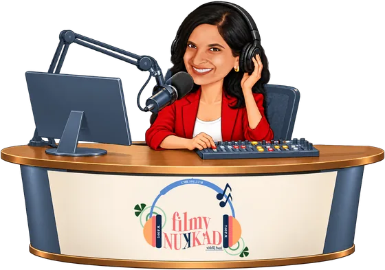 Illustration of RJ Swati on air at the Filmy Nukkad studio desk, with headphones, a microphone and a mixer